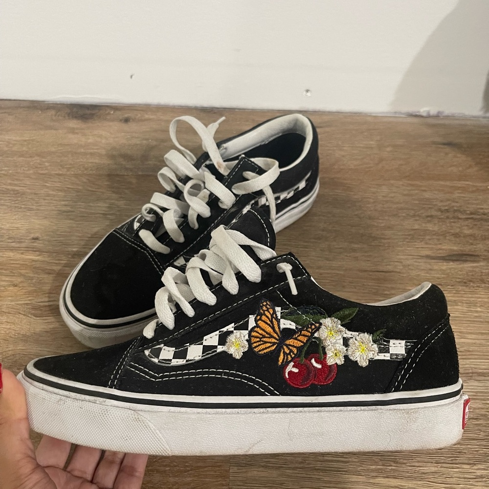 SIZE 7 in womens Vans - black with butterfly and cherry on the side, gently worn